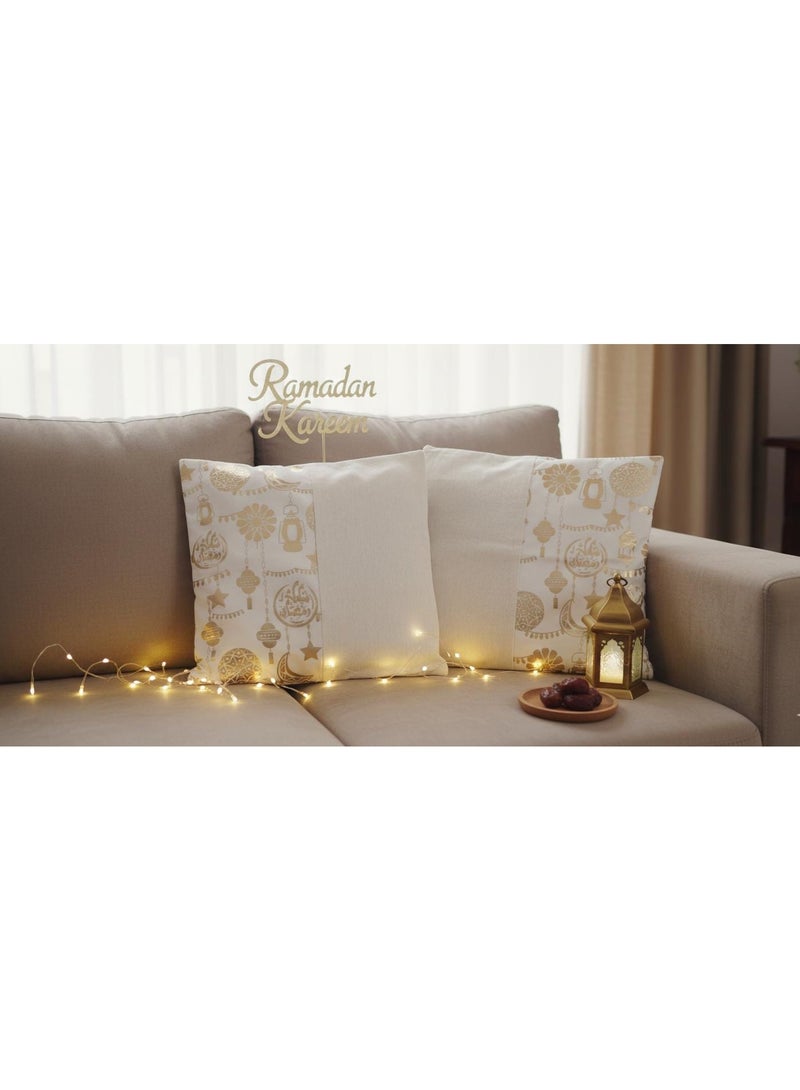 Ramadan pillowcase, off-white, white, and gold color with a gold Ramadan design. Includes 2 pillow covers (insert not included). Material: velvet. 40*40 cm